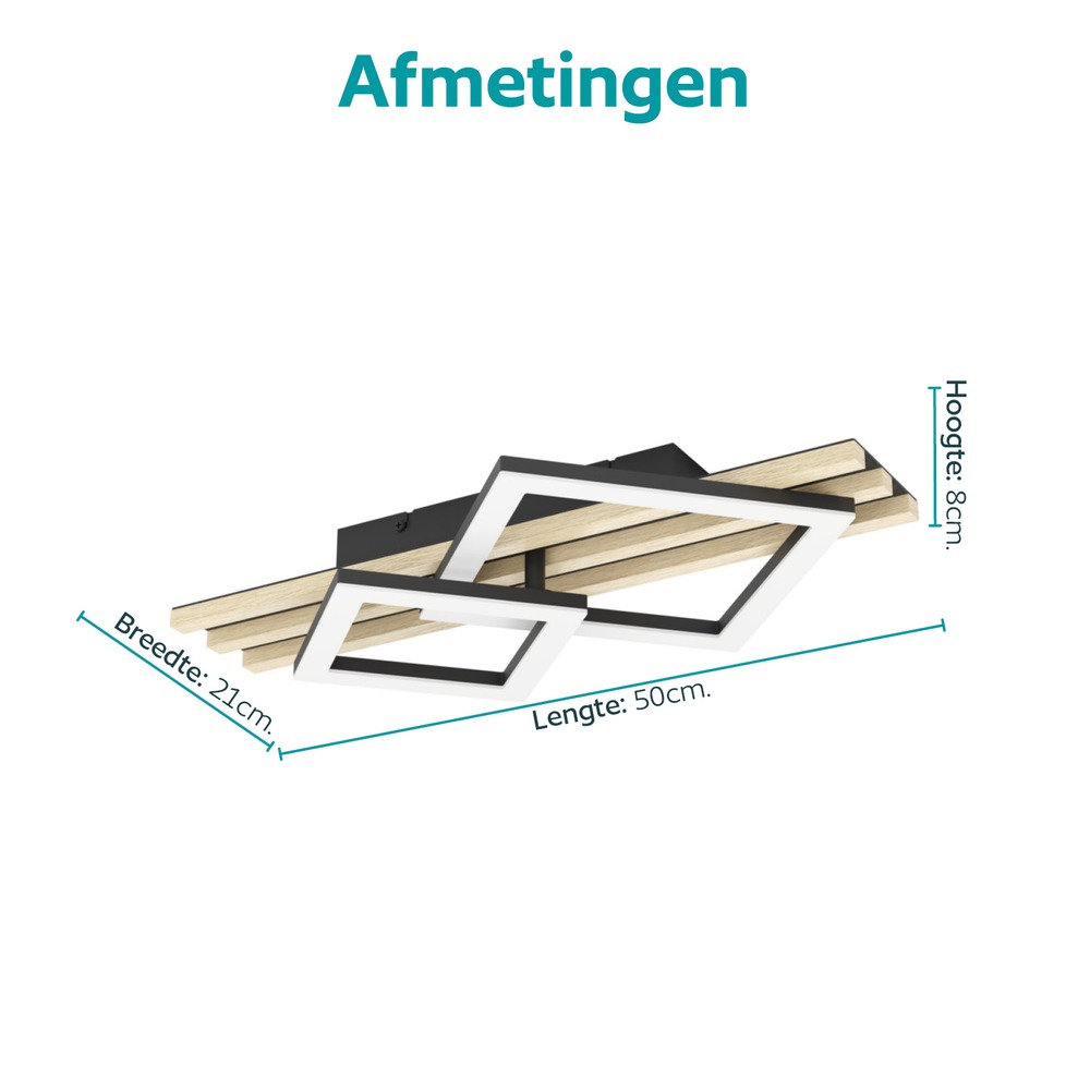 Moderne plafondlamp Cembrano zwart met hout vierkant 50cm Eglo 9008606388196