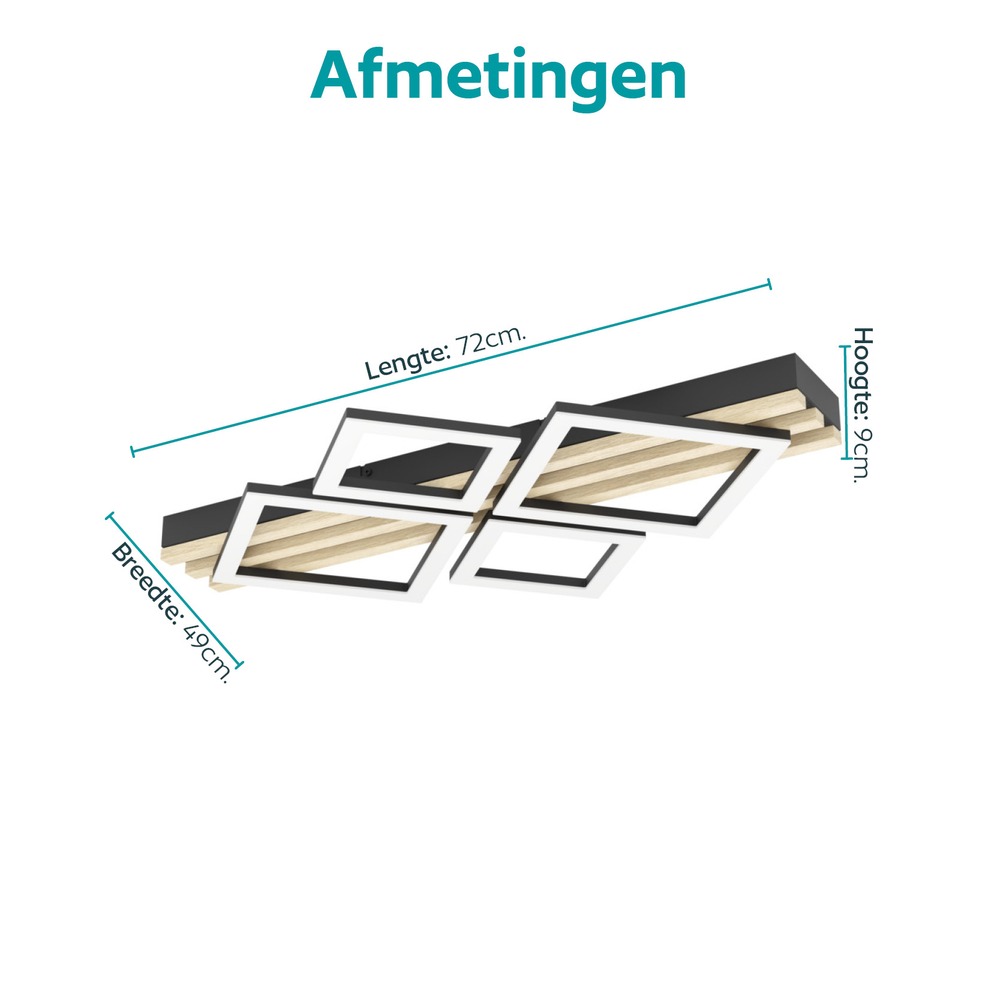 Moderne plafondlamp Cembrano zwart met hout vierkant 72cm Eglo 9008606388202