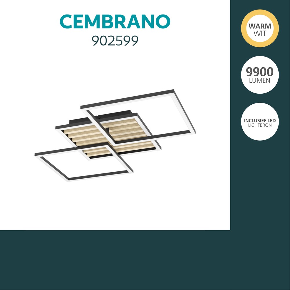 Moderne plafondlamp Cembrano zwart met hout vierkant 92,5cm Eglo 9008606388240