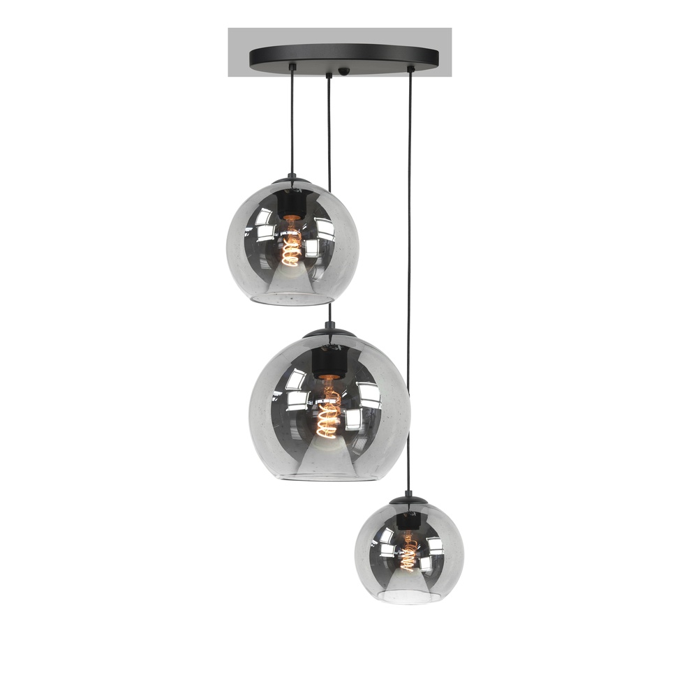 Highlight 3-lichts Hanglamp Fantasy Zwart Met Smoke Glas - O1043.01 + G2055.19 + G2056.19 + G2057.19