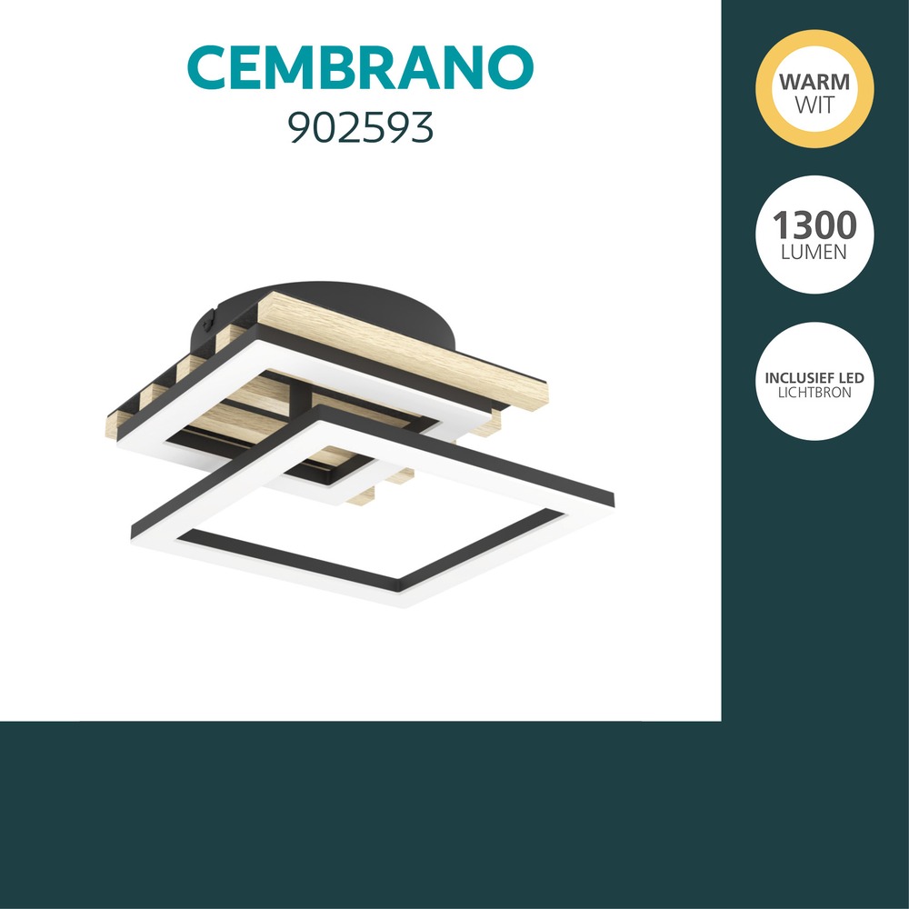 Moderne plafondlamp Cembrano zwart met hout vierkant 34cm Eglo 9008606388189