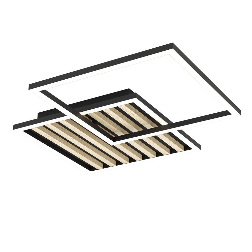 Moderne plafondlamp Cembrano zwart met hout vierkant 48,5 x 48,5 cm