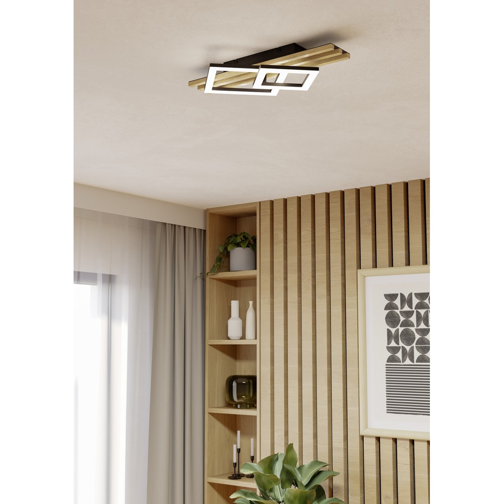 Moderne plafondlamp Cembrano zwart met hout vierkant 50cm Eglo 9008606388196