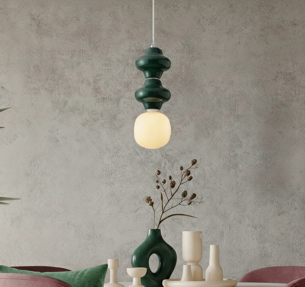 Hanglamp Clio M groen keramiek met wit glas