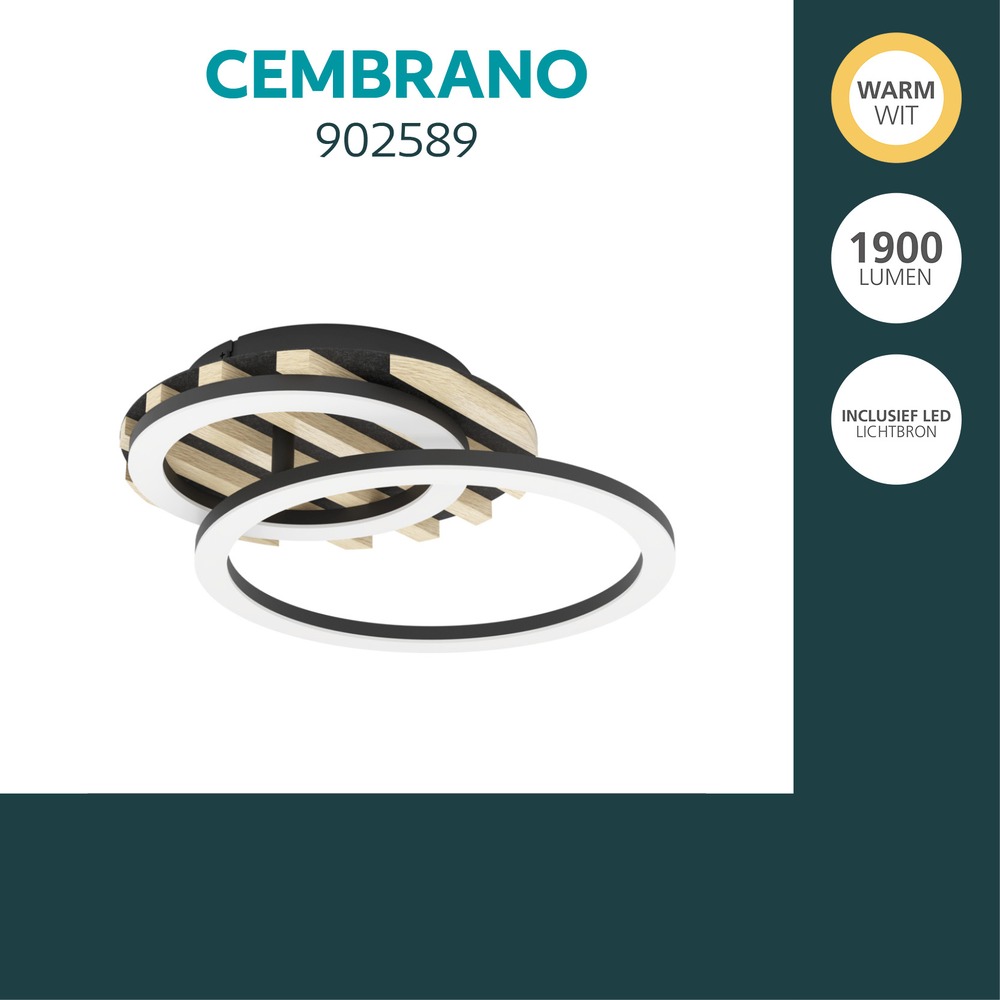 Moderne plafondlamp Cembrano zwart met hout rond Eglo 9008606388158