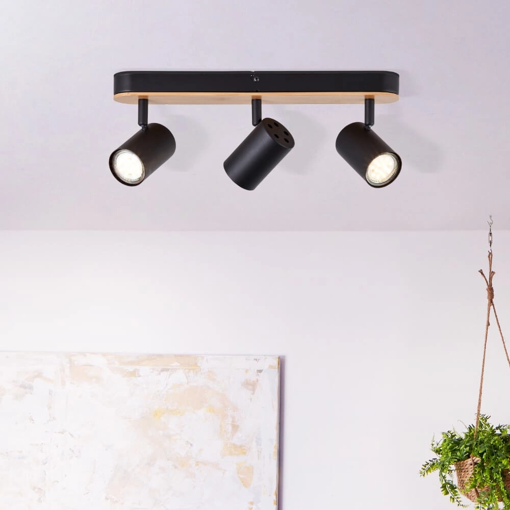 Plafondlamp Niels 3-lichts zwart met hout Brilliant 4004353412059