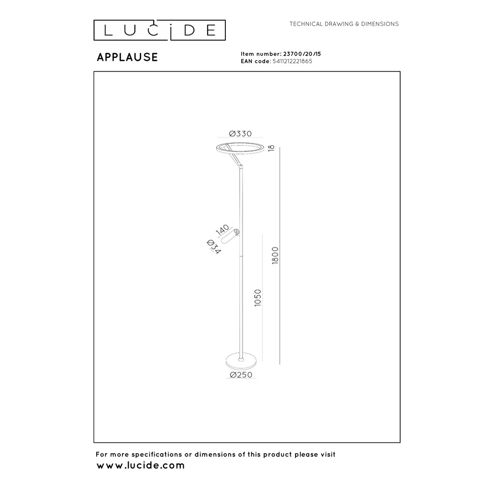 Strakke vloerlamp met leeslamp Applause geborsteld metaal - led Premium by Lucide 5411212221865