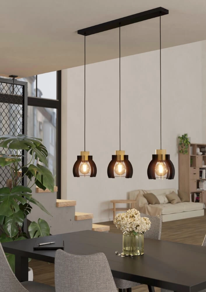3-lichts hanglamp Stillington 1 zwart met hout Eglo 9002759439255