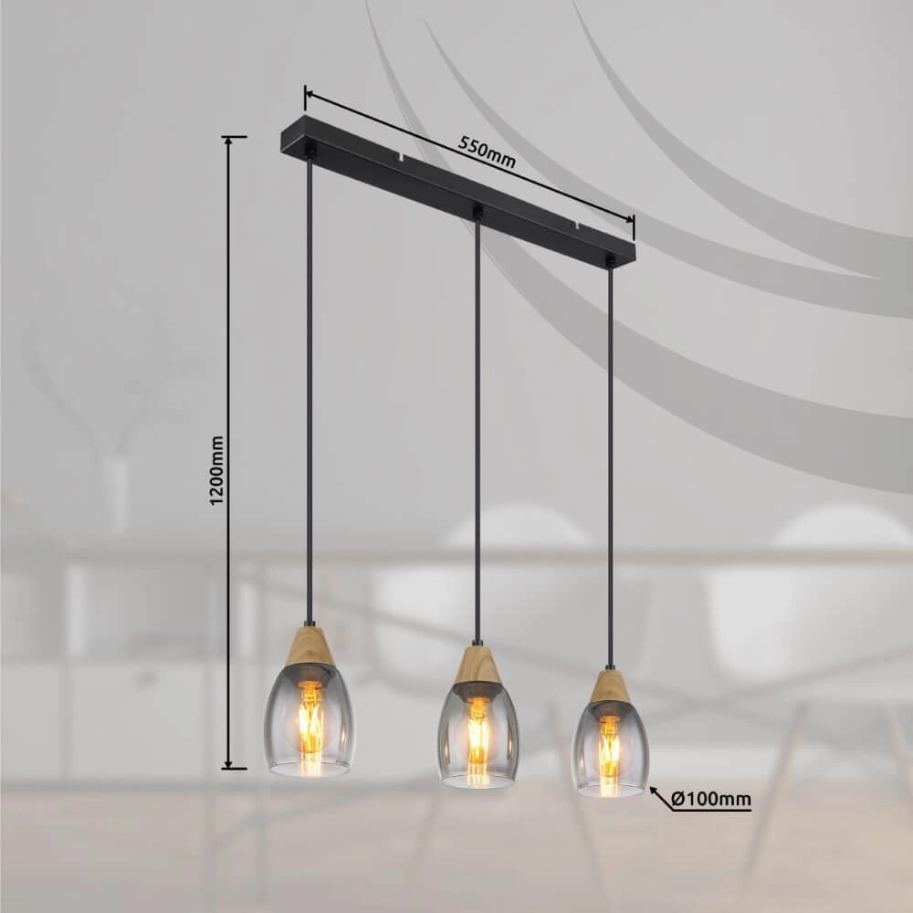 3-lichts hanglamp Reid smoke glas Globo 9007371441730