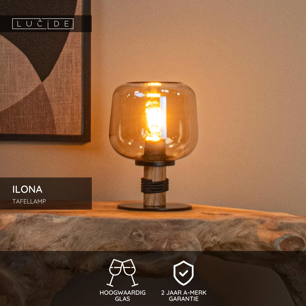 Tafellamp Ilona zwart met amber glas Lucide 5411212452696