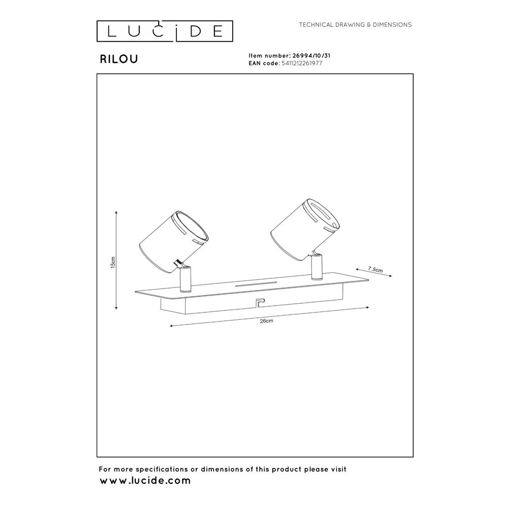 Plafondspot Rilou 2-lichts dimbaar wit Lucide 5411212261977