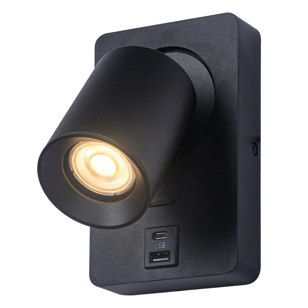 Bedlampje Megano USB zwart met USB-A en USB-C