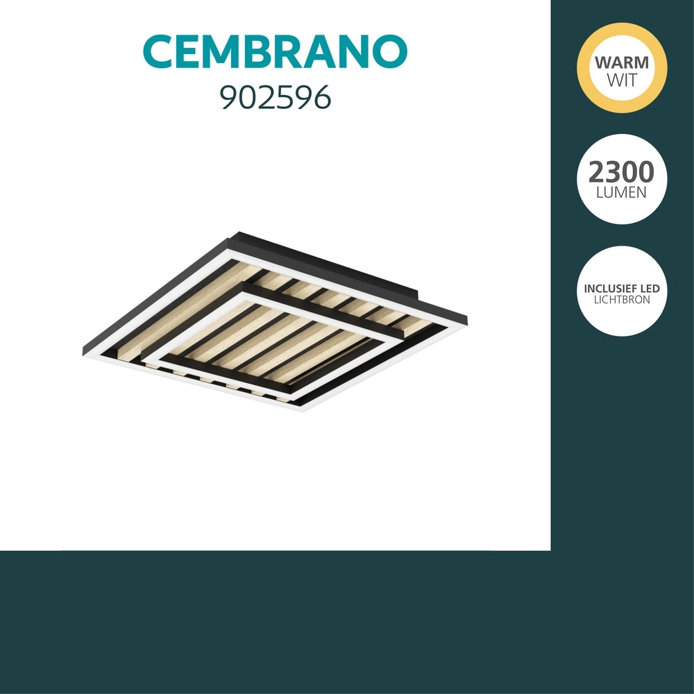 Moderne plafondlamp Cembrano zwart met hout vierkant 31,5 x 31,5cm Eglo 9008606388219