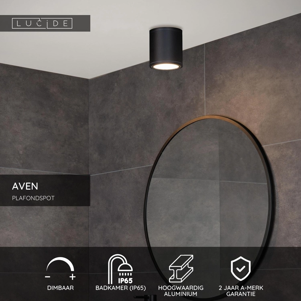 Plafondspot Aven badkamer IP65 zwart Lucide 5411212221438