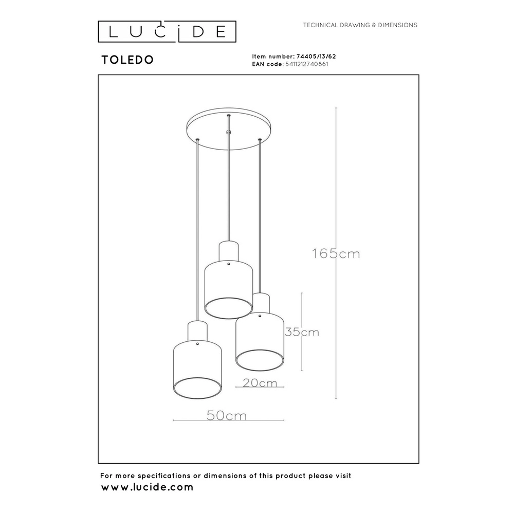 Hanglamp Toledo amber glas 3-lichts Lucide 5411212740861