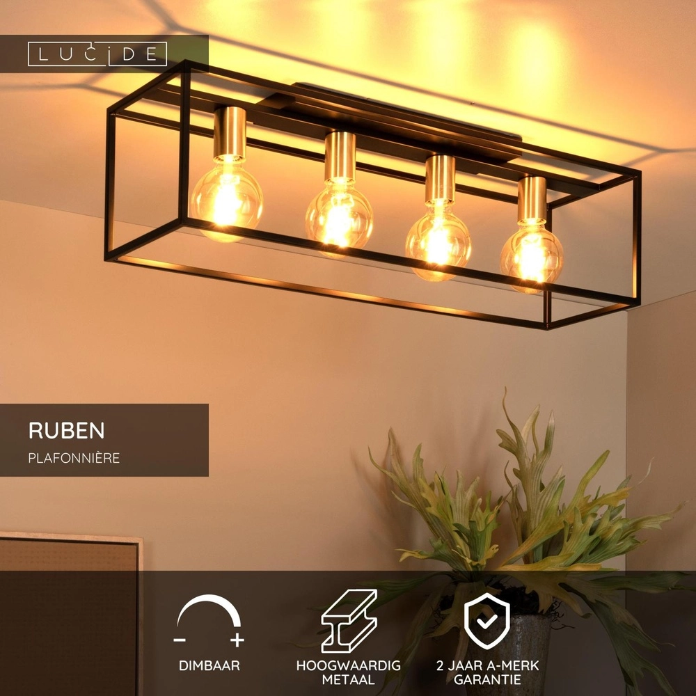 Plafondlamp Ruben zwart 80cm rechthoek Lucide 5411212010902