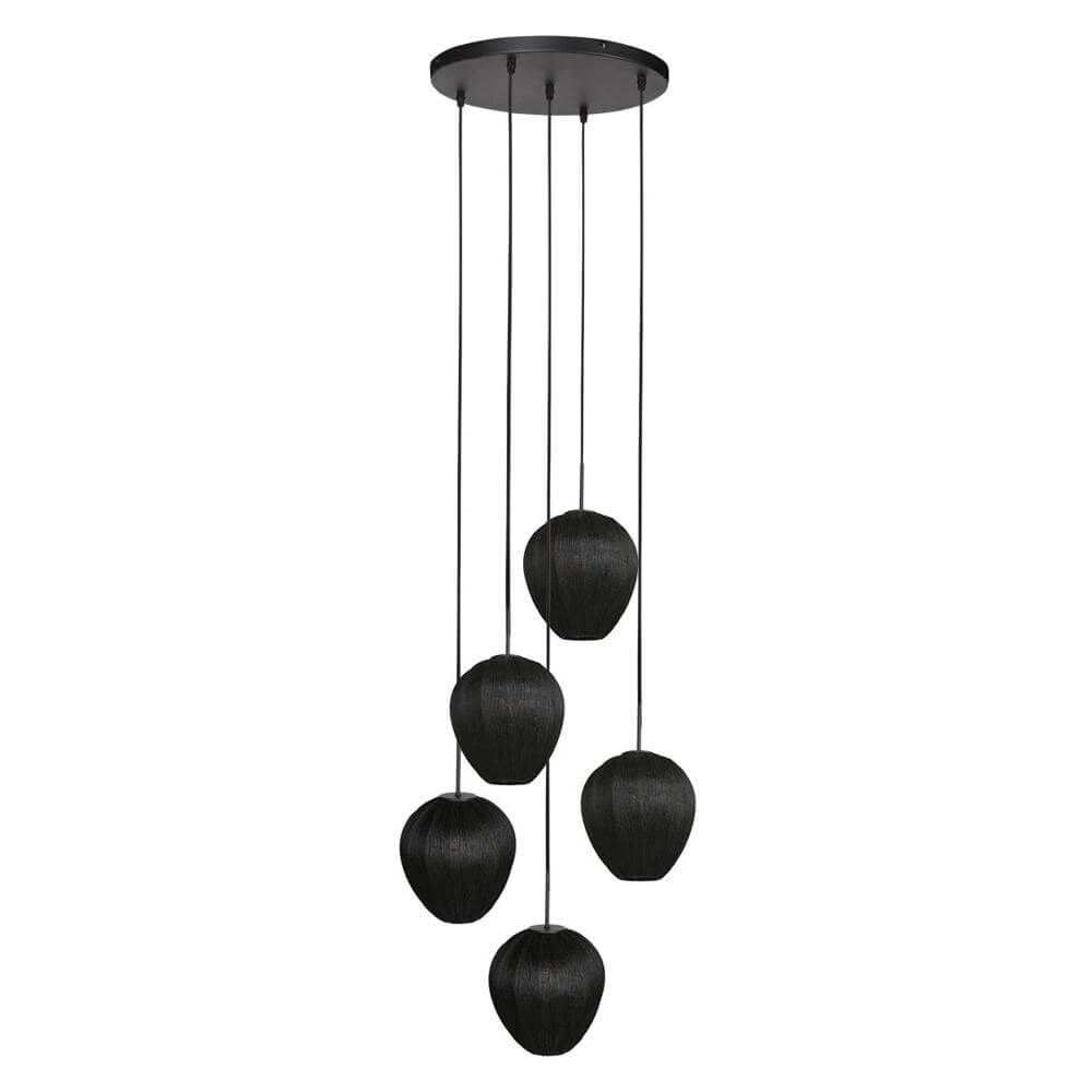 5-lichts hanglamp HaloSwap rond zwart en zwarte kappen