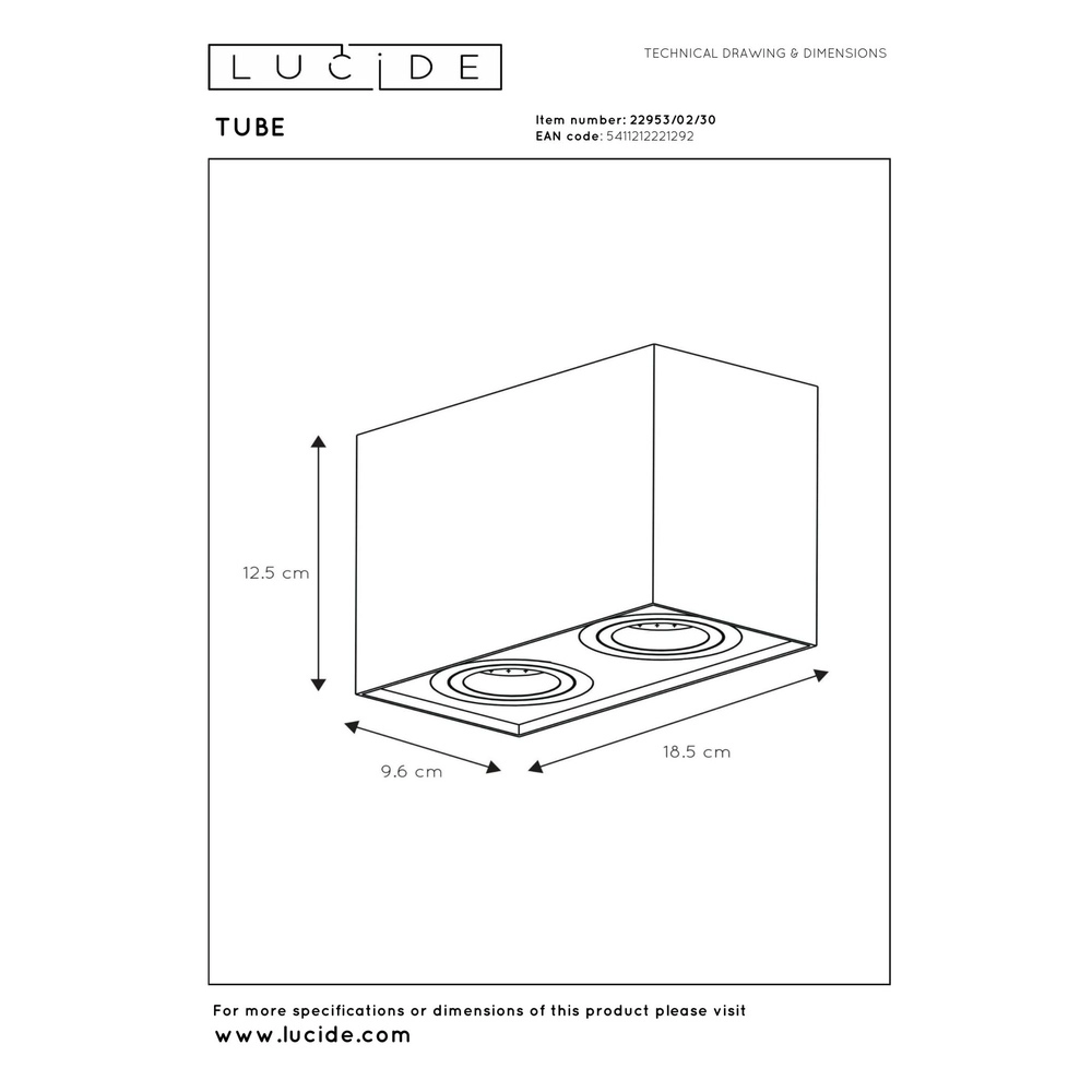 Opbouw plafondspot Tube rechthoek zwart Lucide 5411212221292