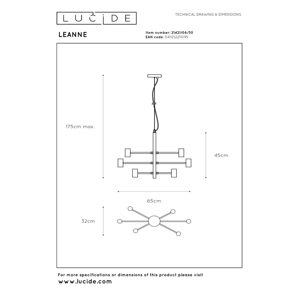 Hanglamp Leanne 6-lichts zwart Lucide 5411212211095