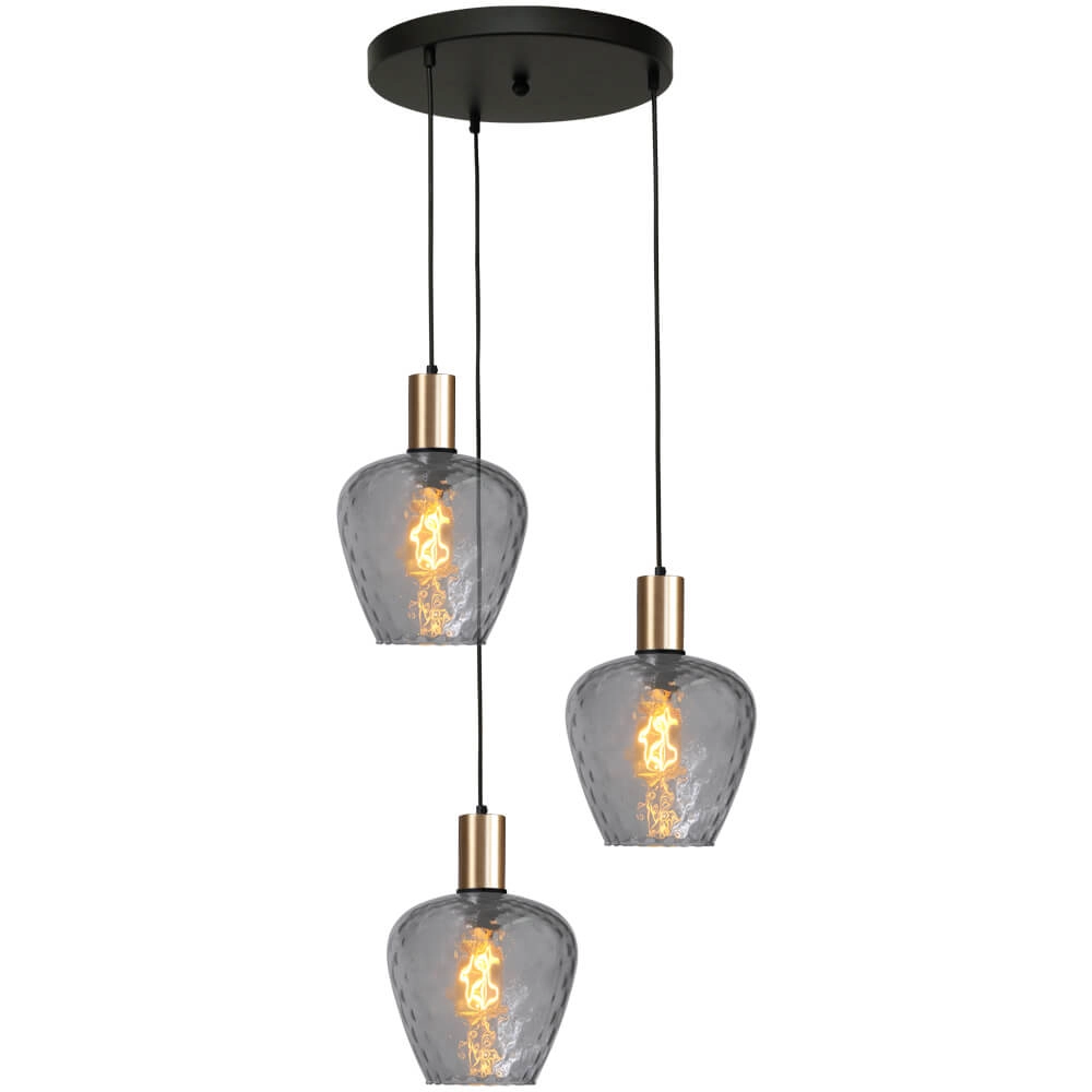 3-lichts vide hanglamp - goud - Porto met Diamond smoke glazen