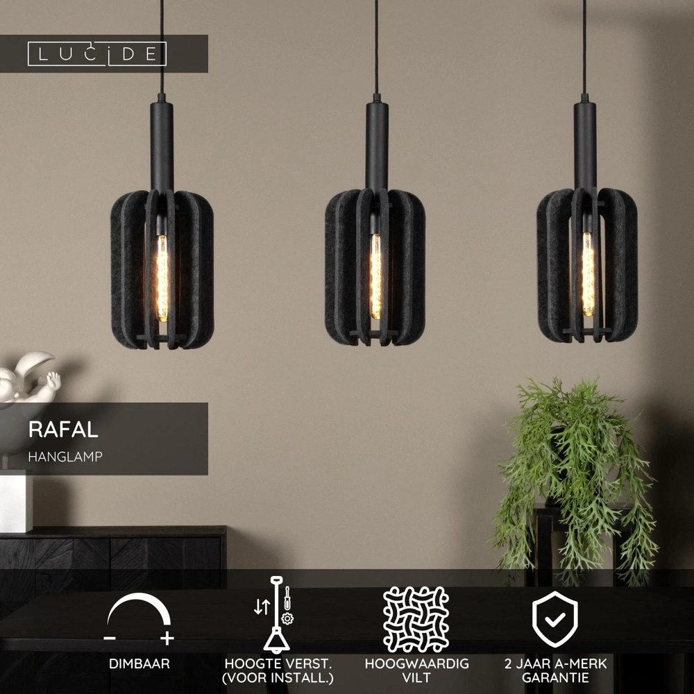 Strakke hanglamp Rafal 3-lichts zwart met grijs Lucide 5411212452771