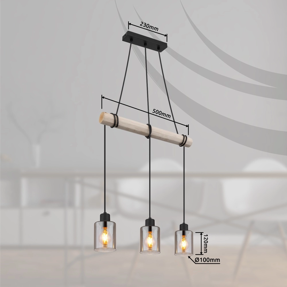 3-lichts hanglamp Hadera zwart met smoke glas Globo 9007371438419