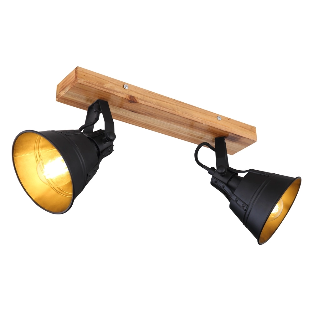 Landelijke plafondlamp Günther 2-lichts zwart met hout