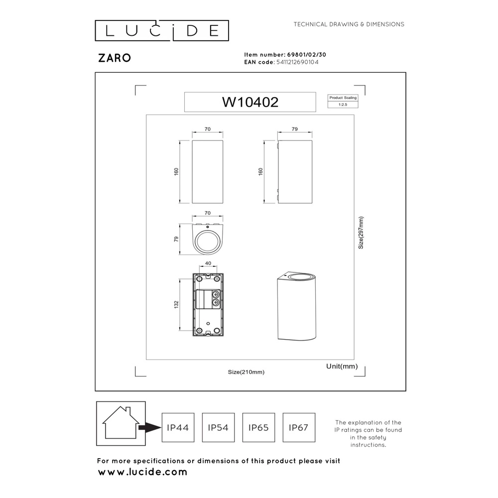 Wandspot Zaro IP44 up & down zwart Lucide 5411212690104