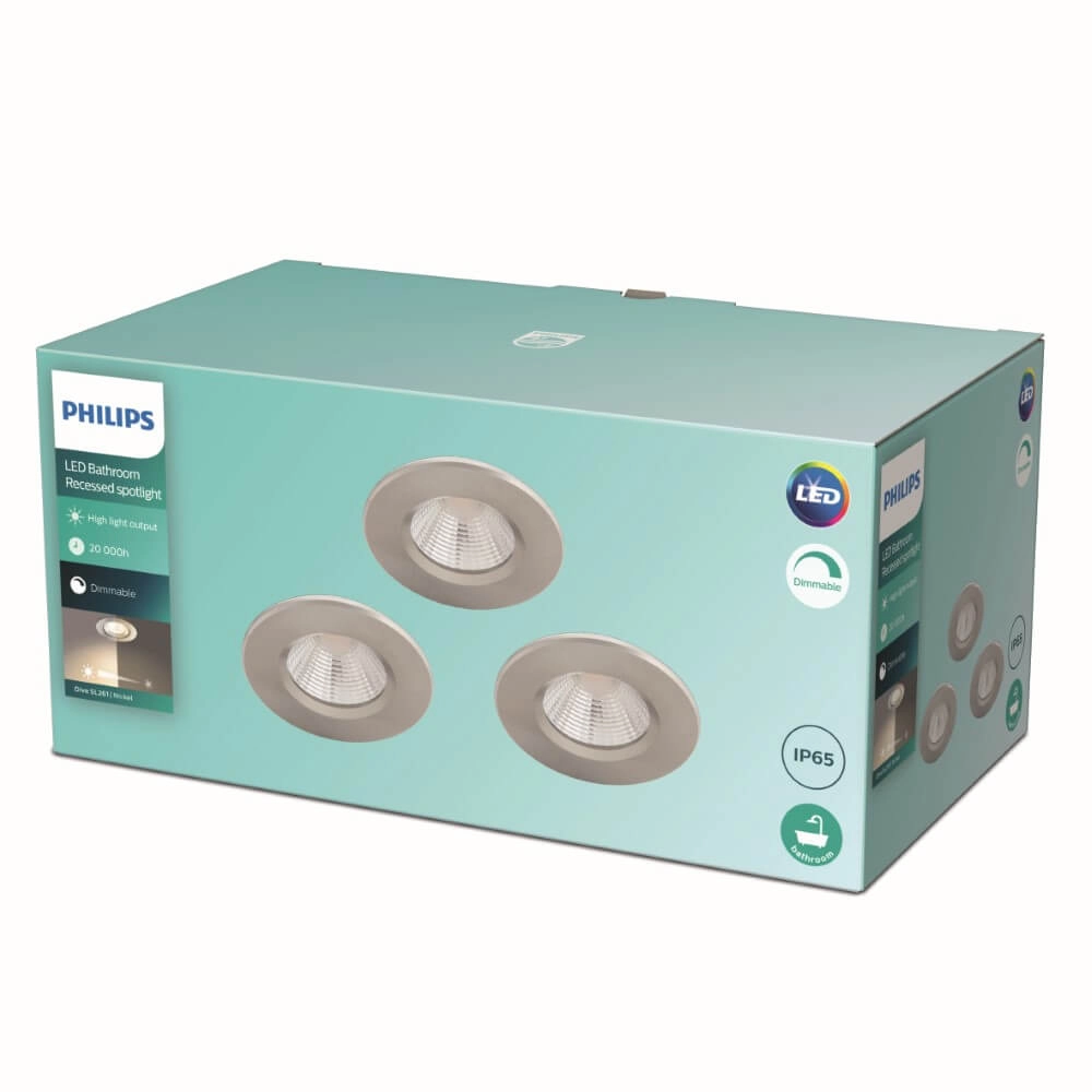 set van 3 inbouwspots Dive 3x5,5w - 2700K - 8,5cm nikkel Philips 8718699756079