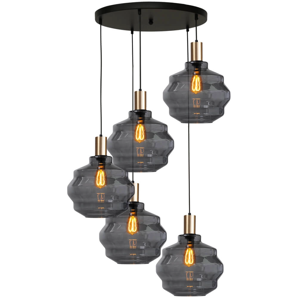 5-lichts vide hanglamp - goud - Porto met Ball smoke glazen - Ø 30cm