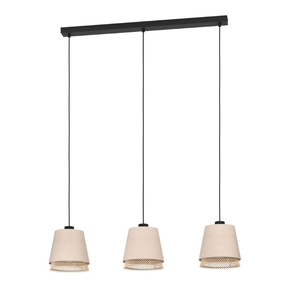 3-lichts hanglamp Tabley linnen met rotan