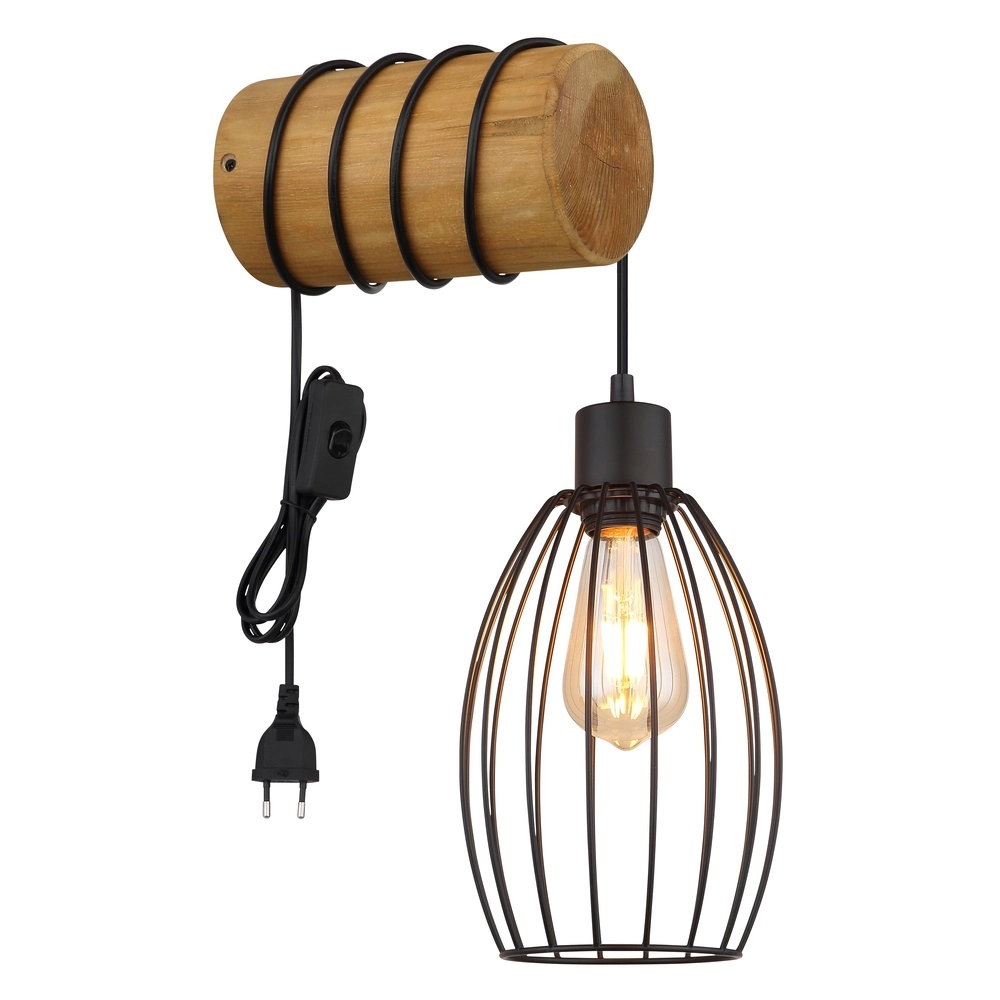 Wandlampje Berti zwart met hout Globo 9007371580330