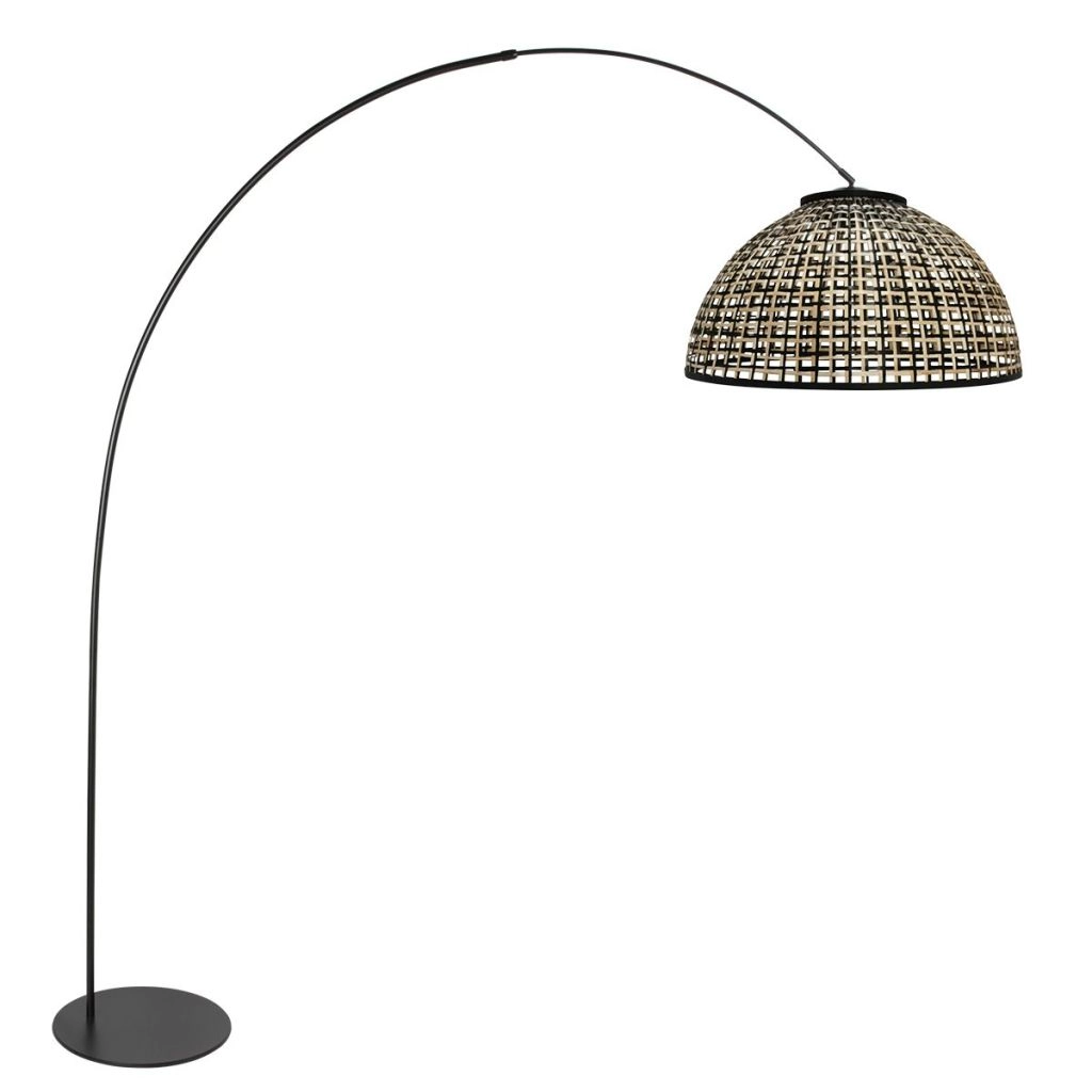 Zwarte booglamp Curve met bamboe kap Ø60cm