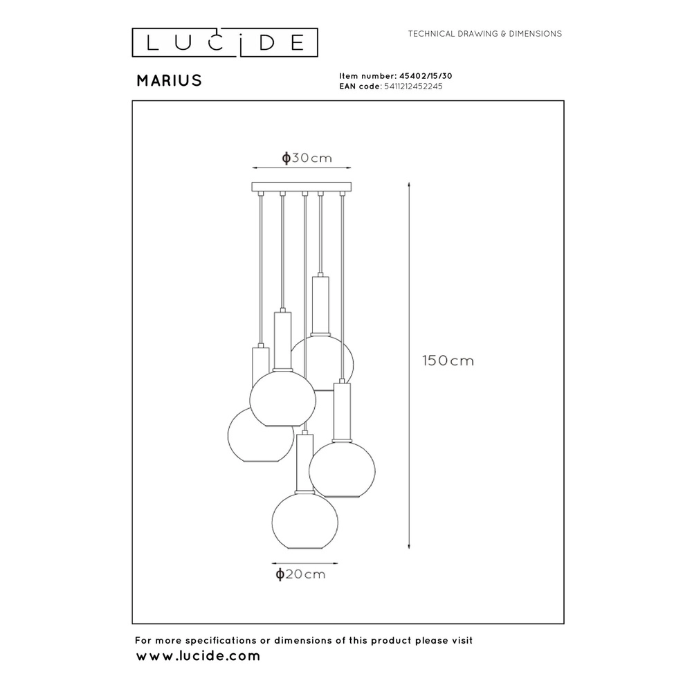 Hanglamp Marius 5-lichts zwart Lucide 5411212452245
