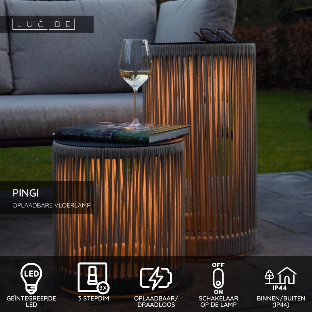 Oplaadbare vloerlamp Pingi taupe 61,5 x Ø 33,5cm Lucide 5411212061492