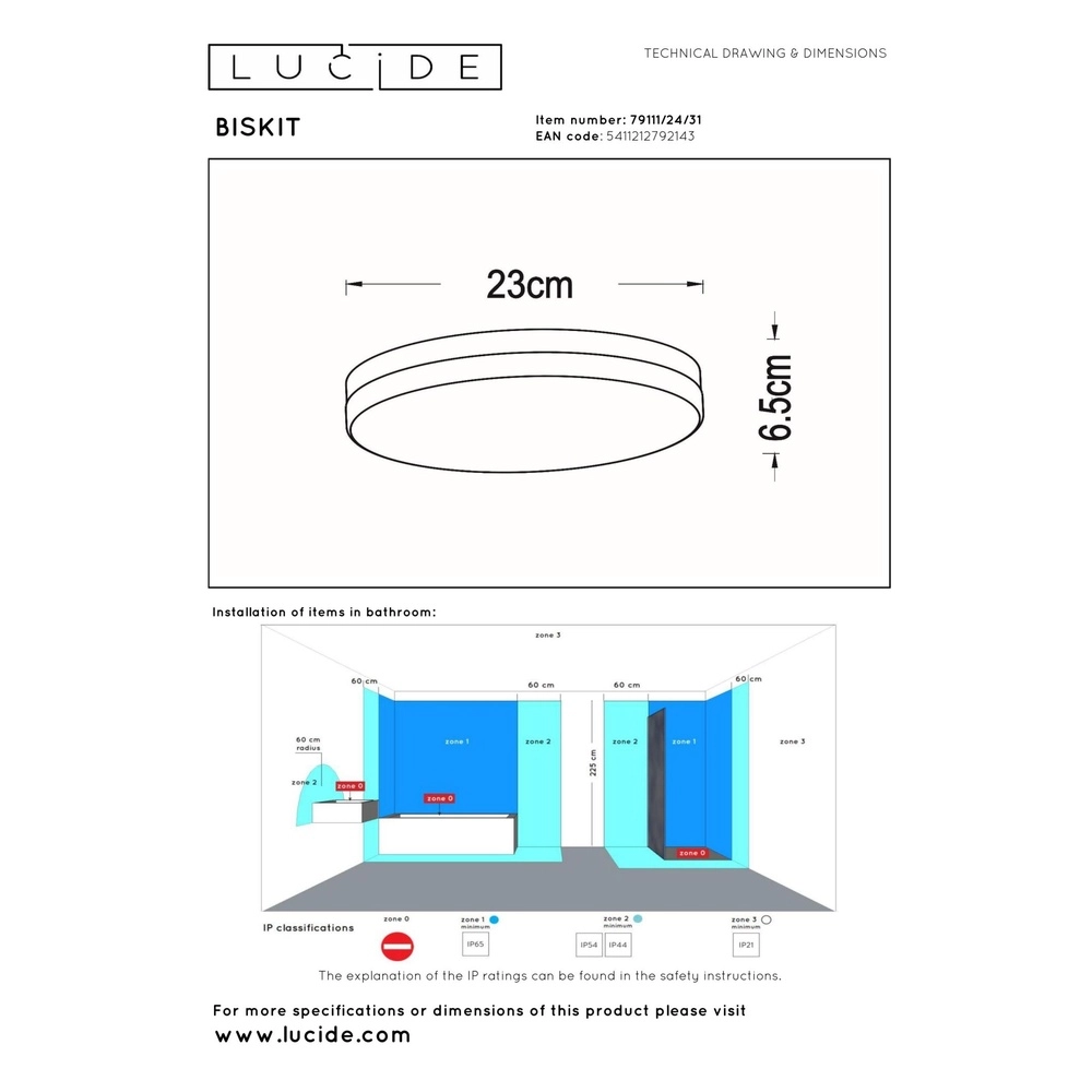 Plafonniere Biskit Ø 23cm - IP44 wit Lucide 5411212792143