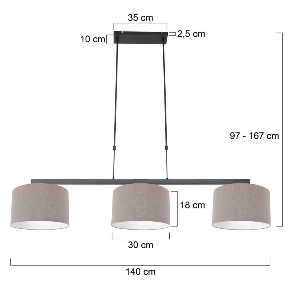 Zwarte hanglamp Stang met taupe linnen kappen Steinhauer 8712746165784