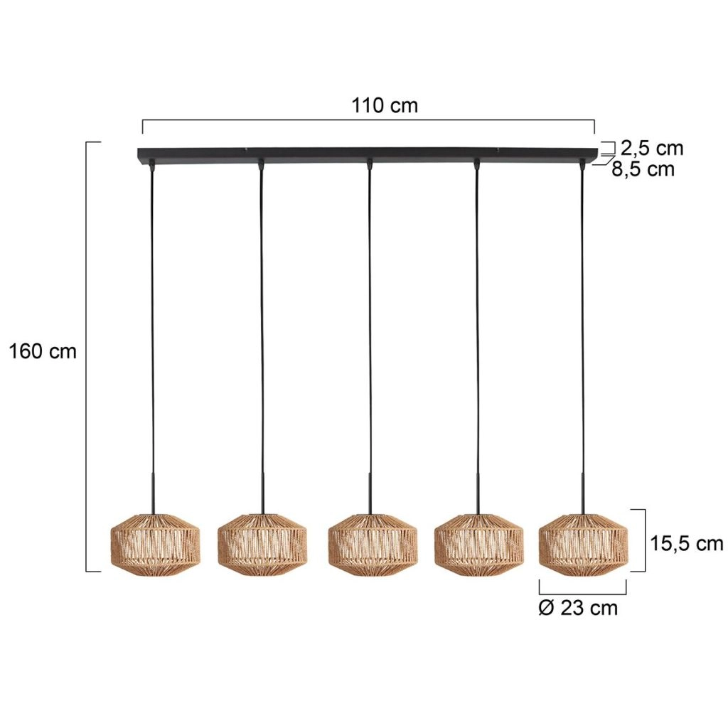 5-lichts hanglamp recht Ropex met rotan kappen Steinhauer 8712746183245