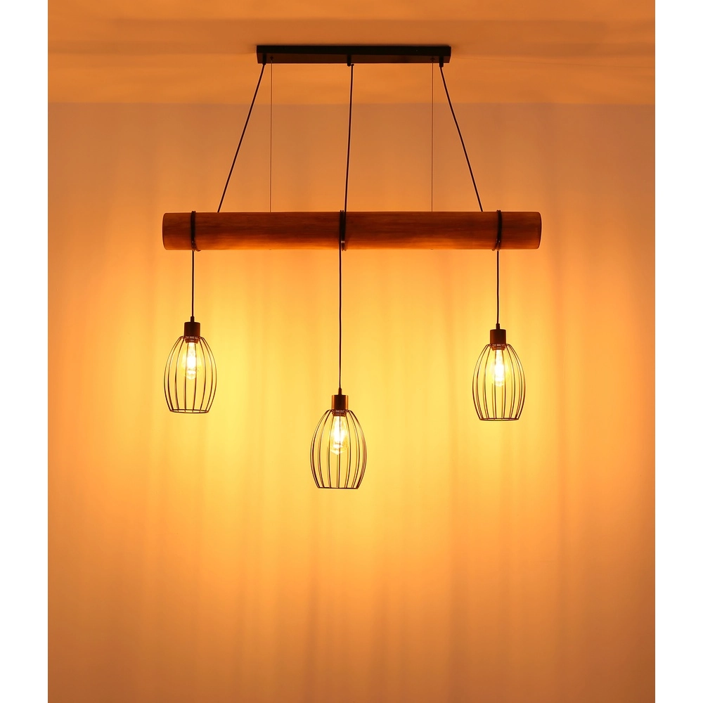 Landelijke hanglamp Berti 3-lichts hout met zwart Globo 9007371583331