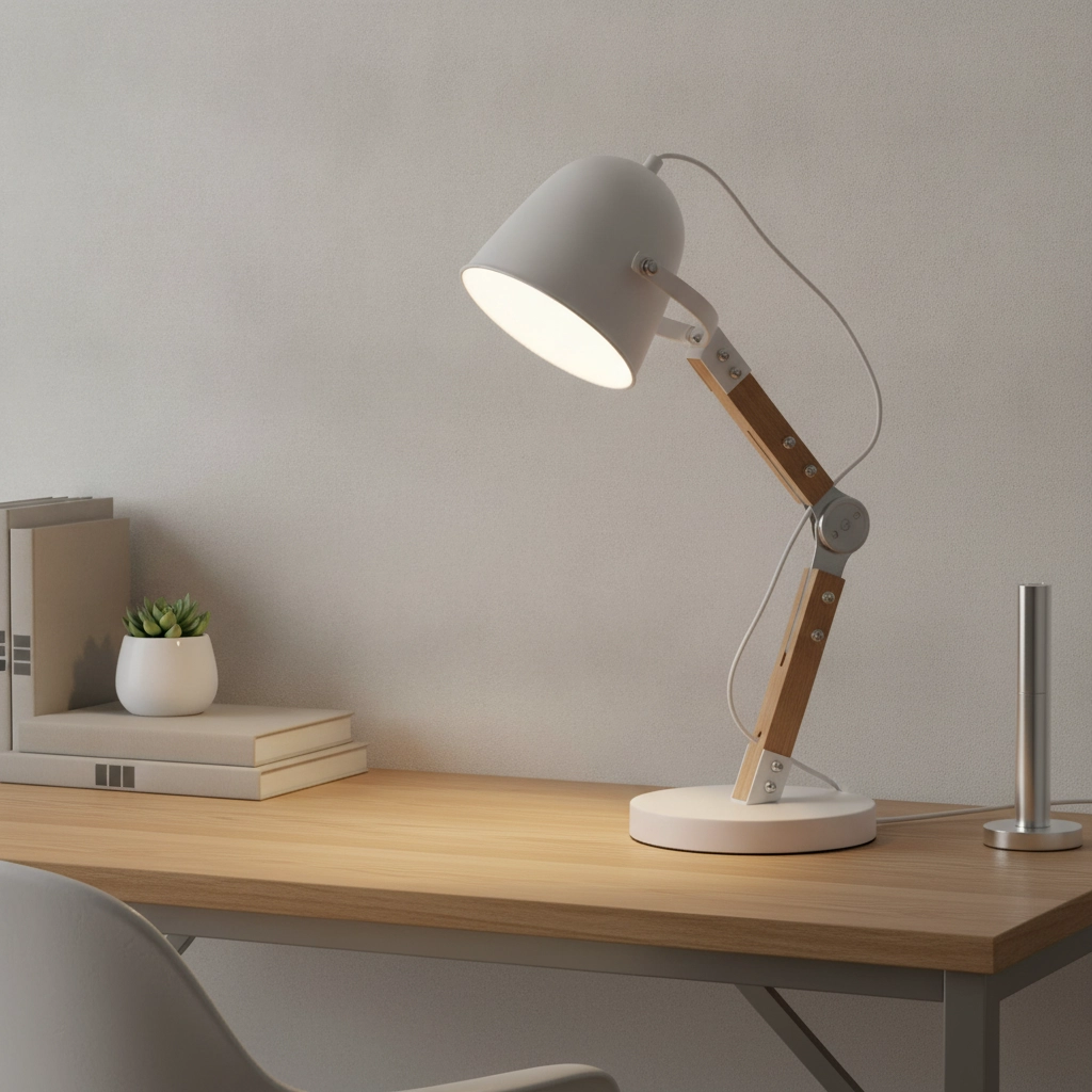 Landelijke bureaulamp Cooper wit met hout