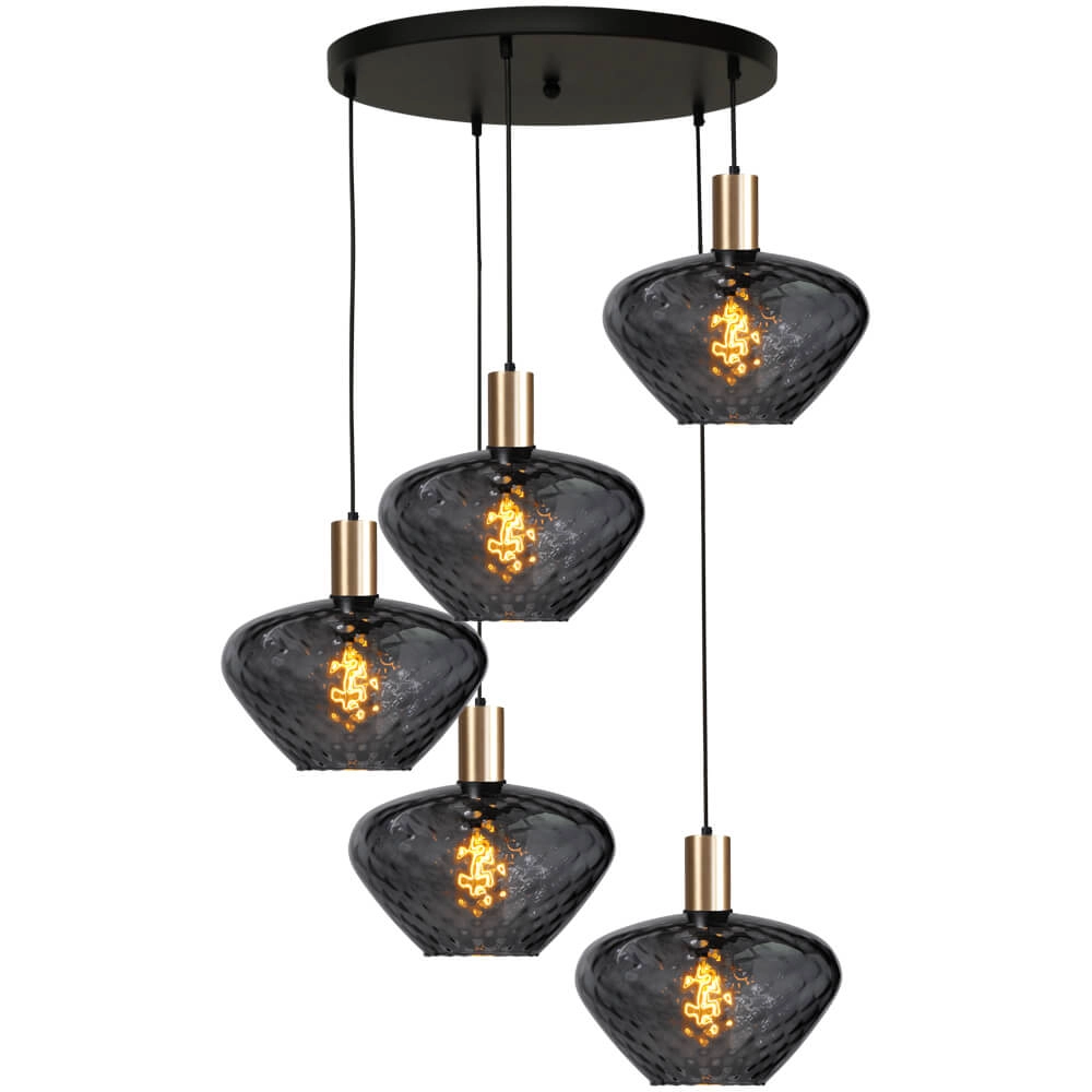 5-lichts vide hanglamp - goud - Porto met Blossom smoke glazen
