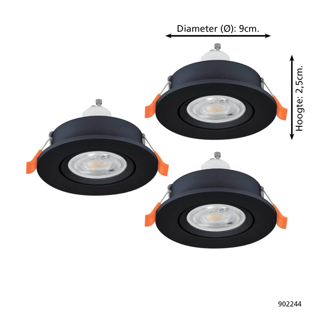 Set van 3 inbouwspots Barranco zwart Ø 9cm - 4,5W - 3000K Eglo 9008606359257