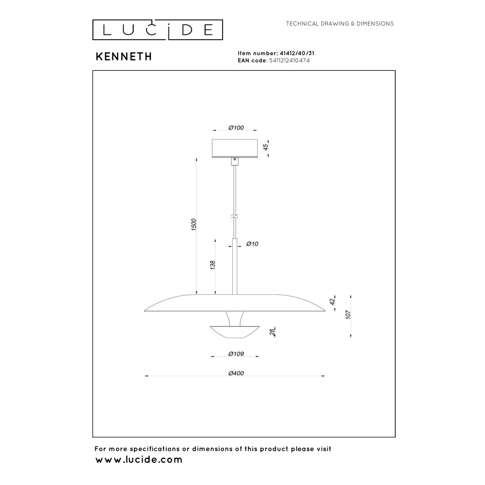 Design hanglamp Kenneth wit Ø 40cm Premium by Lucide 5411212410474