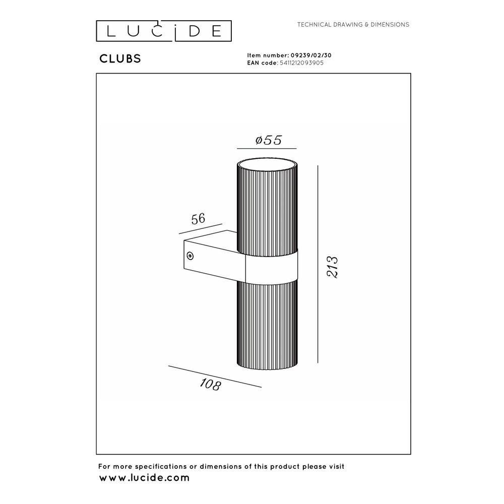 Design wandspot Clubs zwart up & down Lucide 5411212093905