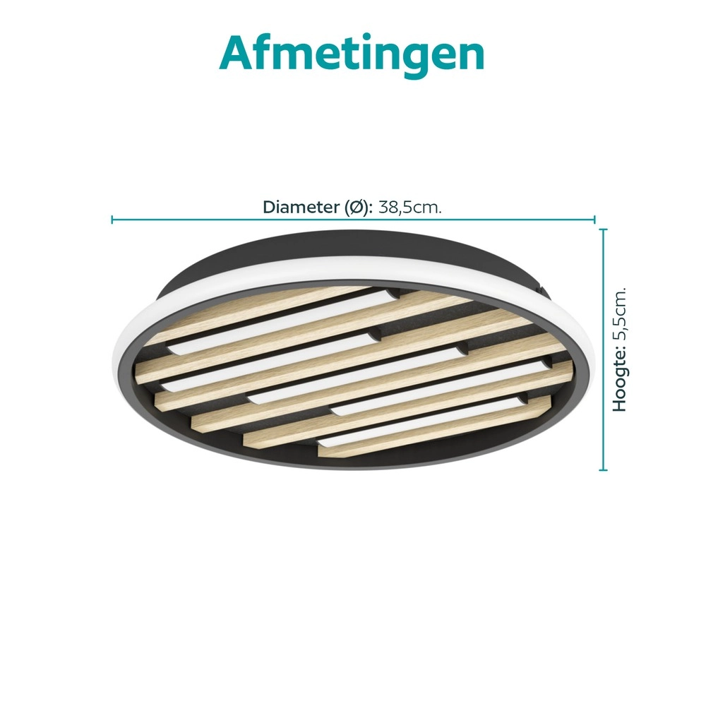 Moderne plafondlamp Cembrano rond zwart met hout Eglo 9008606388134