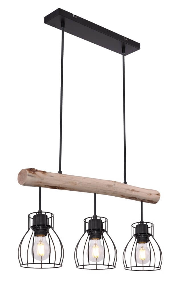 Hanglamp Mina zwart met hout 3-lichts