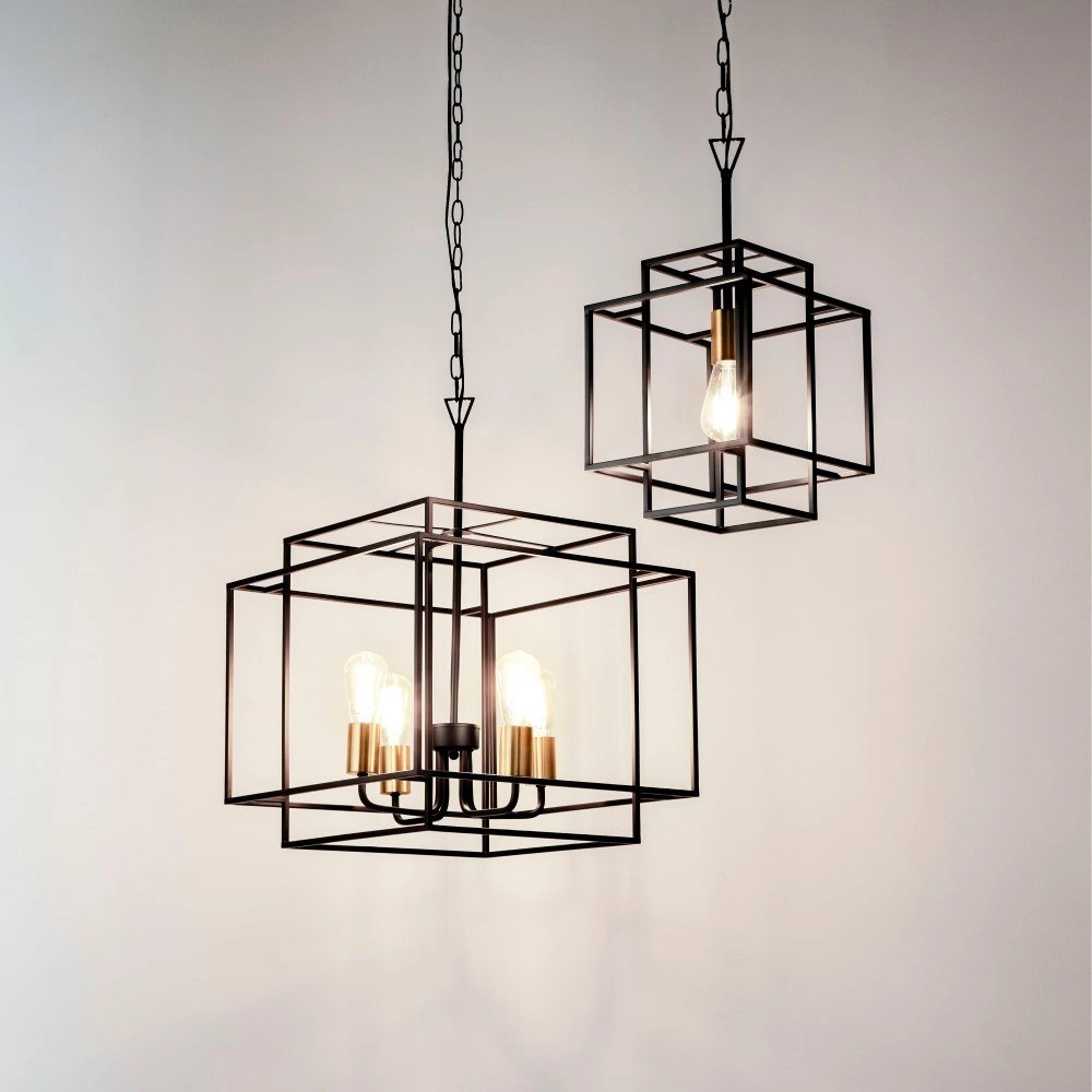 Strakke hanglamp Crate 4-lichts zwart met goud Searchlight 5053423158518
