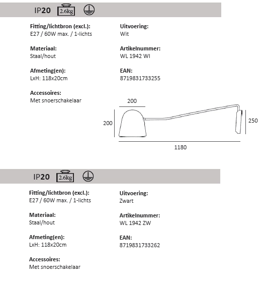 Strakke leeslamp Sensa zwart met hout Artdelight 8719831733262