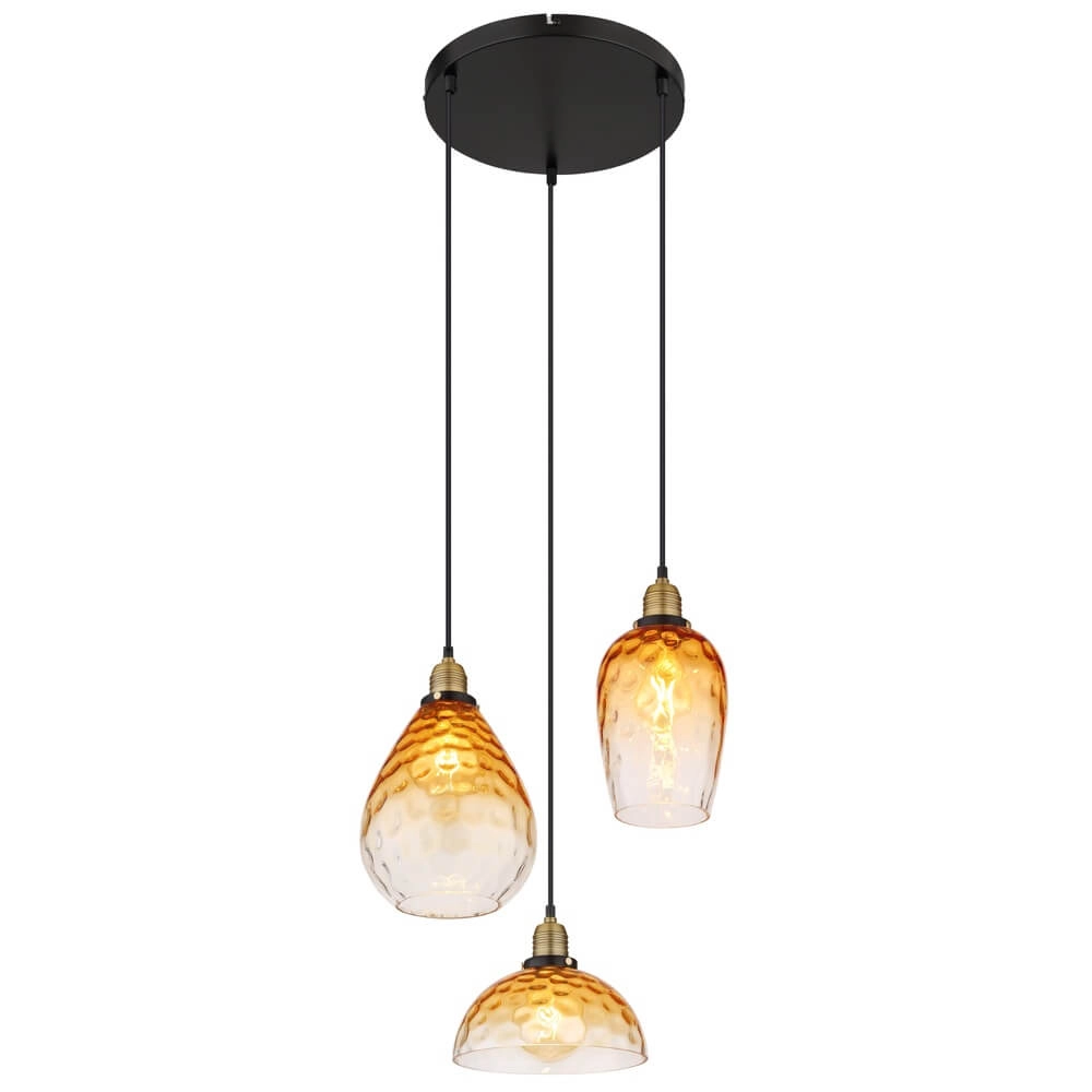 3-lichts hanglamp rond Salvy amber glas honinggraat