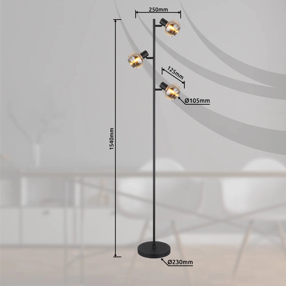 Zwarte vloerlamp Tokki 3-lichts amber smoke glas Globo 9007371449033